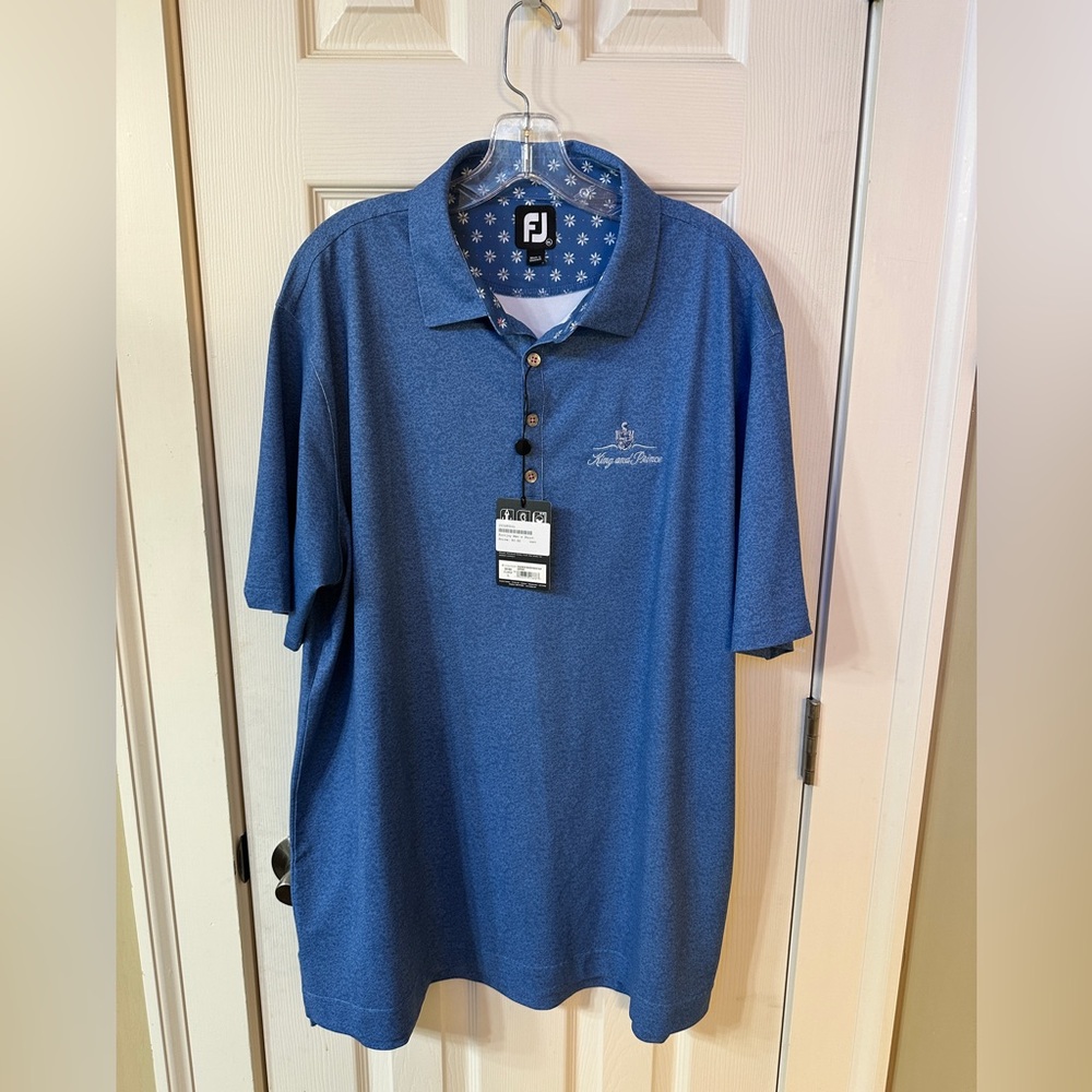 King and Prince FJ (footjoy) Golf Polo Mens Shirt XL NWT New! Blue w/Floral Trim